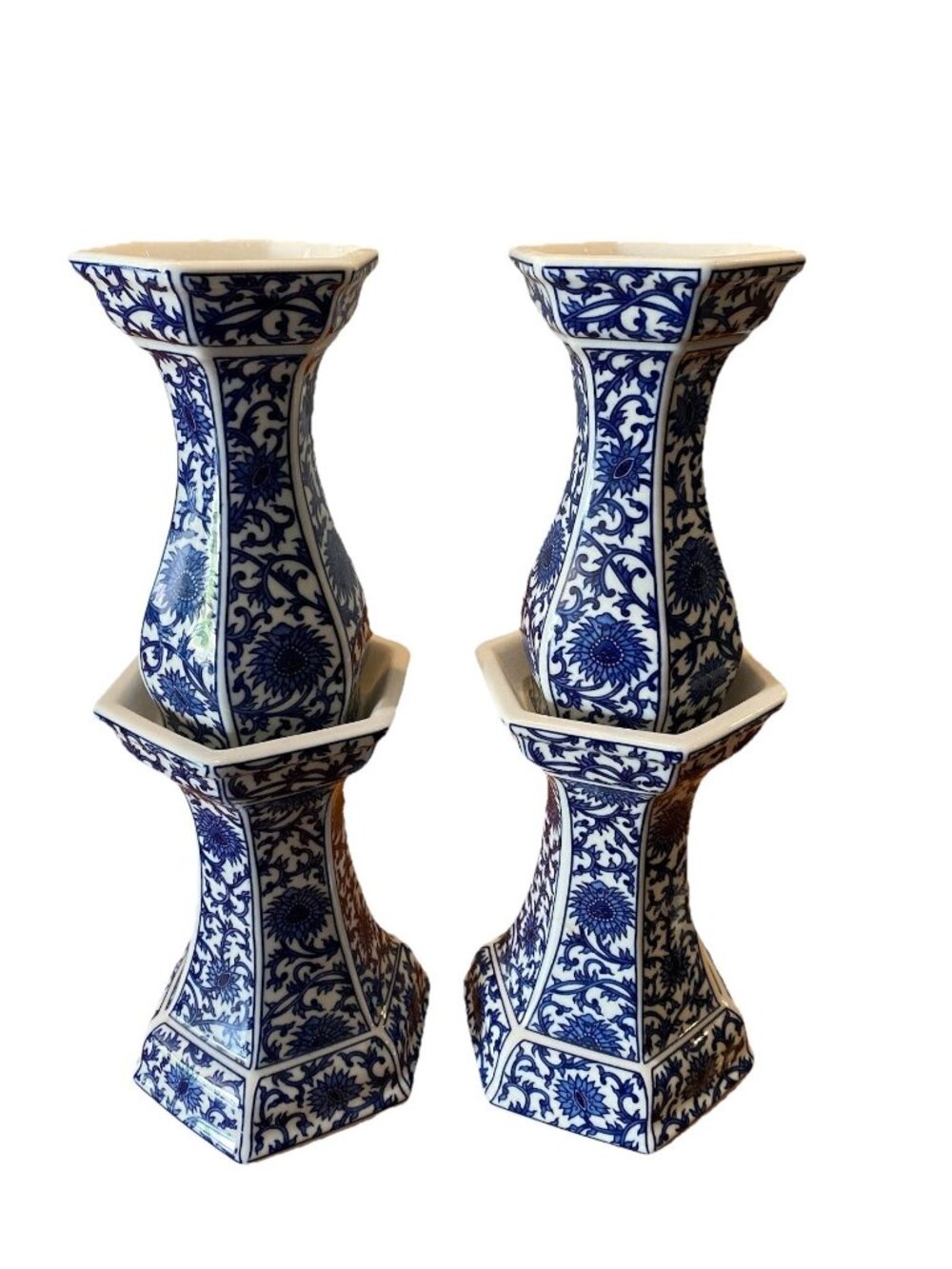 Blue And White Set Of 2 Candle Holders  12” Tall